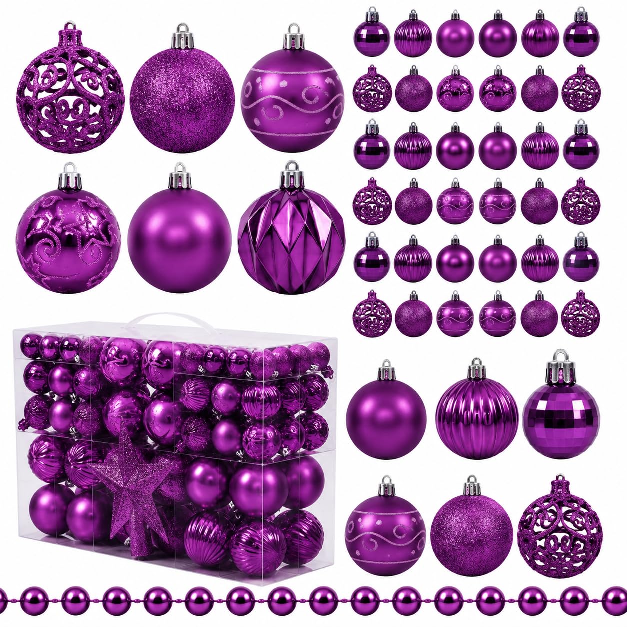 Christmas Tree Decoration Set 100 Pieces - Baubles, Star Topper & Bead Garland - Glitter, Matte & Metallic Ornaments (Purple) — image 1
