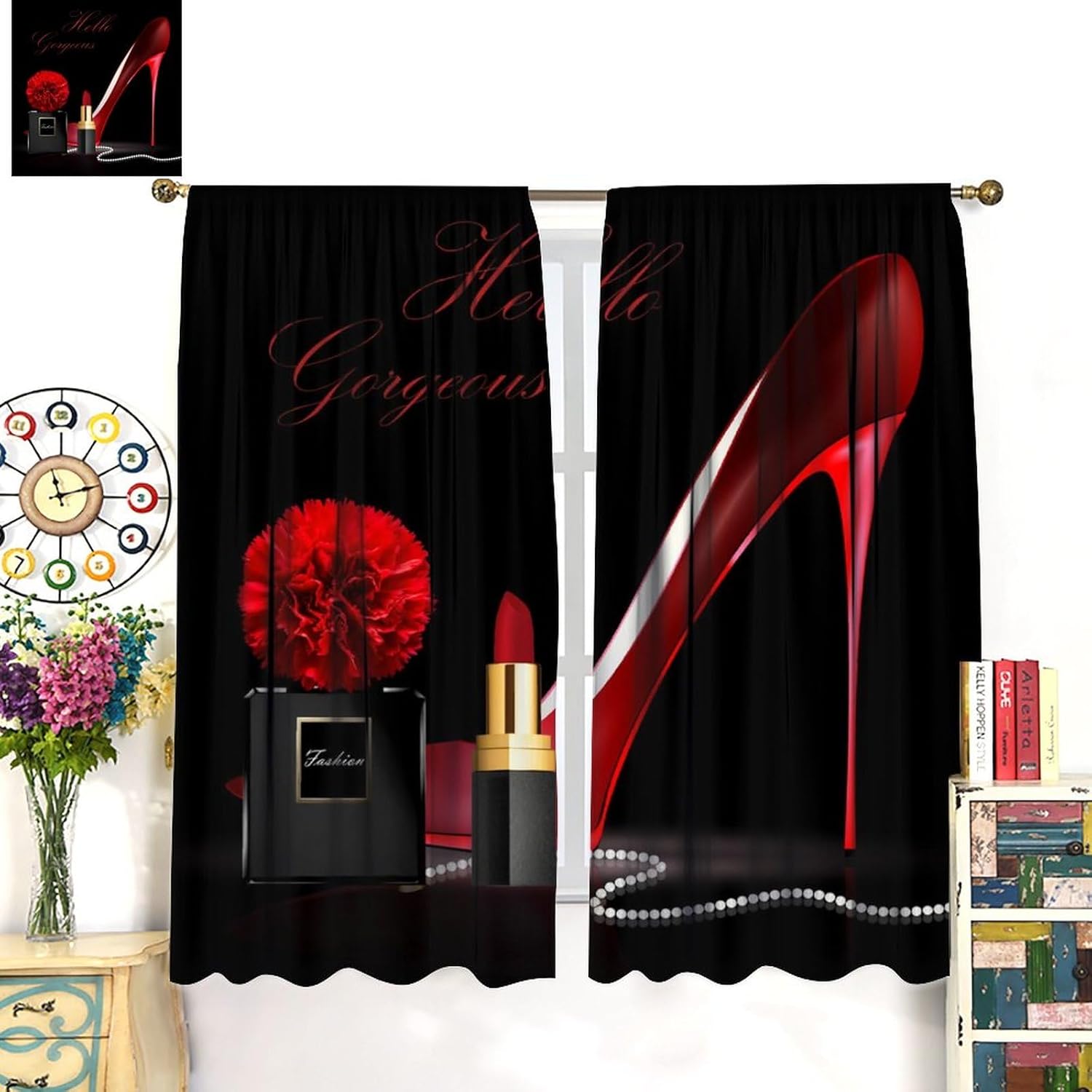 Red High Heel Bathroom Curtains,Gorgeous Black Perfume Rose Flower Lipstick Fashion Makeup Romantic Women Girls Bedroom Living Room Home Decor Blackout Drapes 42x45in