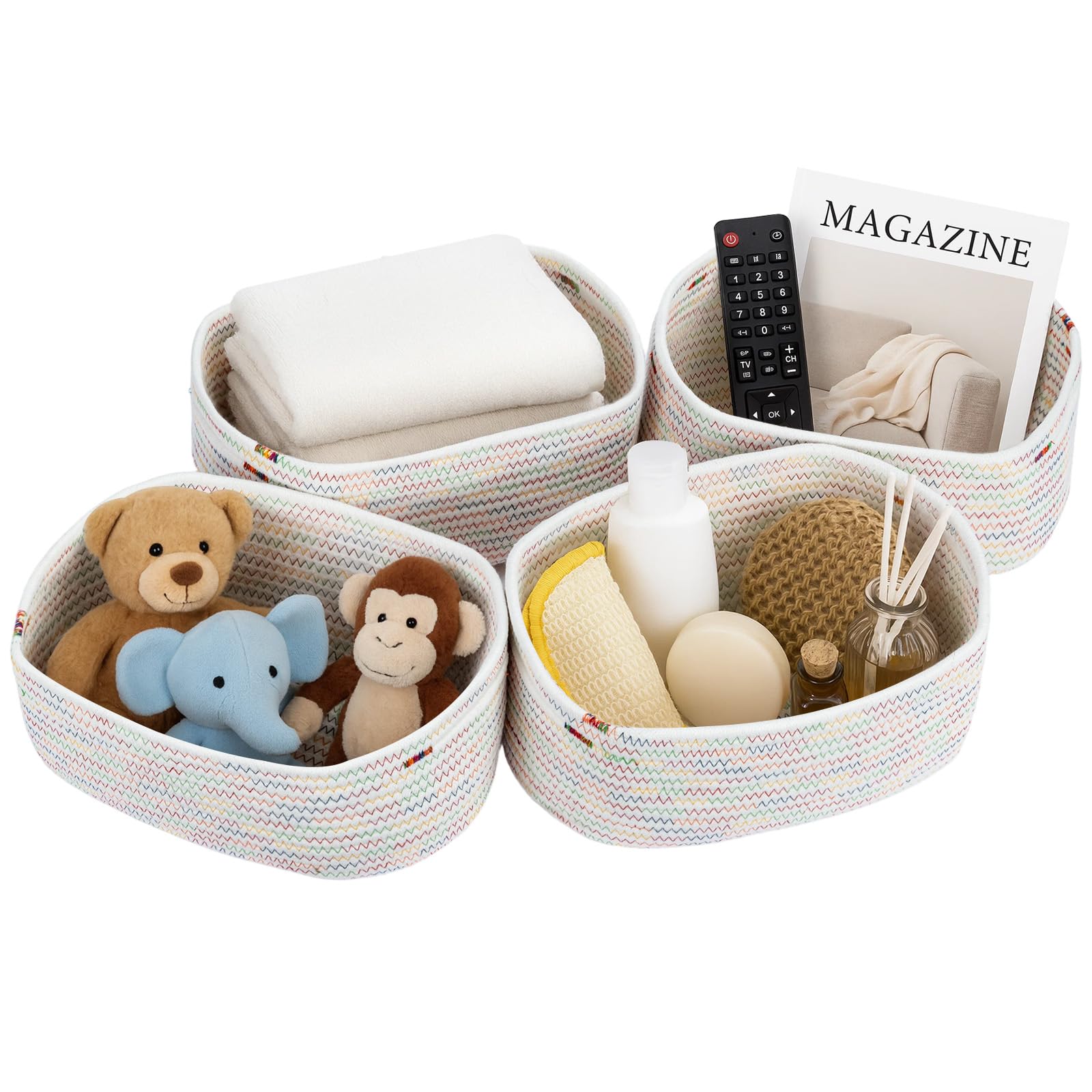 Sunnynest Rainbow Stitches Woven Storage Baskets 4 Packs Closet For Organizing, Closet Organizer Bins, Rope Toy Basket, Cube Decorative Box 30X24x13cm Rainbow