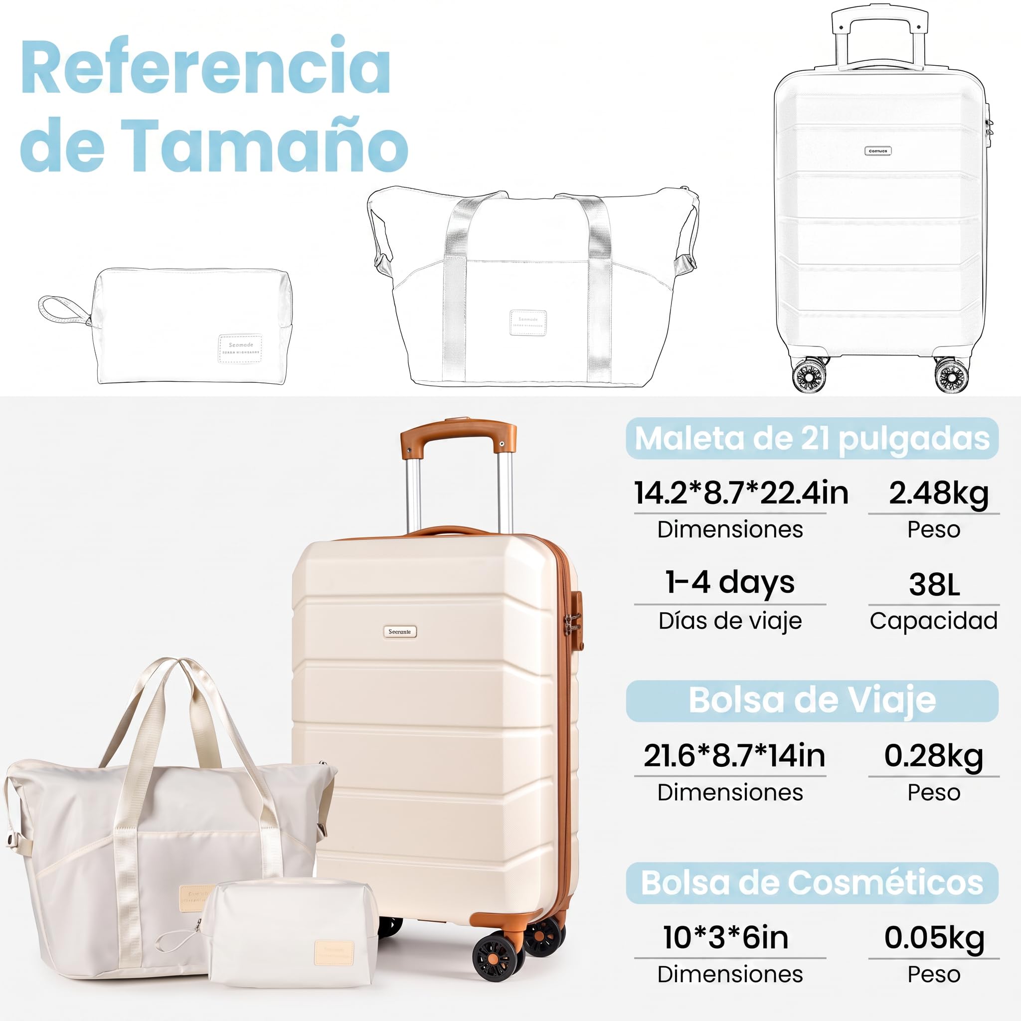 H.yeed Juego de Maletas de Viaje de 3 Piezas, Maleta de Cabina Rígida de ABS Ligera con 4 Ruedas Giratorias y Cerradura TSA, 21" + Bolsa de Viaje y Neceser, Blanco