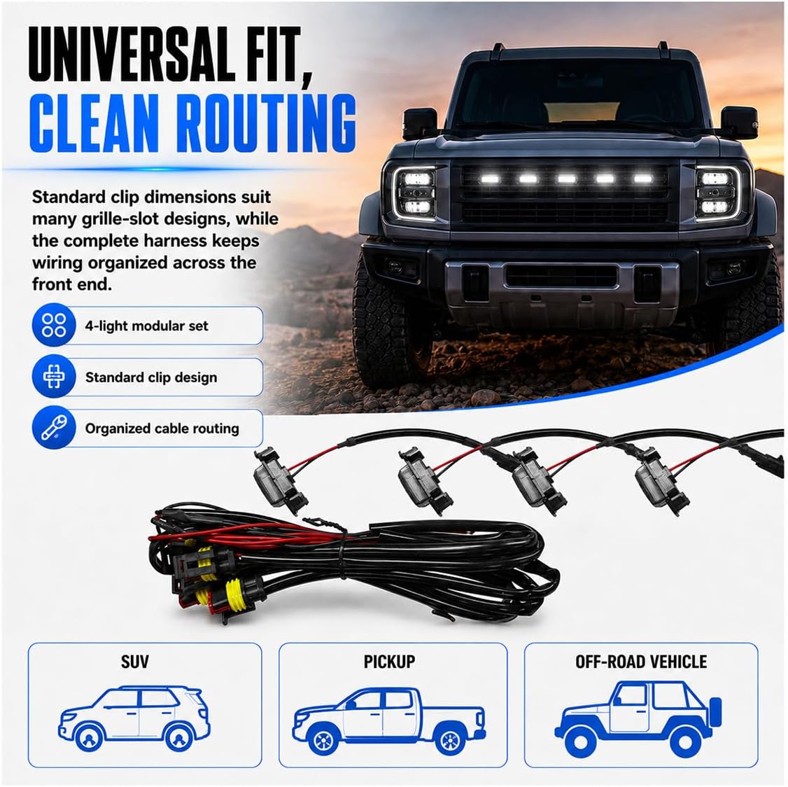 4PCS Car LED Grille Lights with Wiring Harness, Water-Resistant White Automotive Exterior Lamps Replacement, Vehicle Bright LED Front Grill Trim Lights Kit for Cars Trucks(Black)