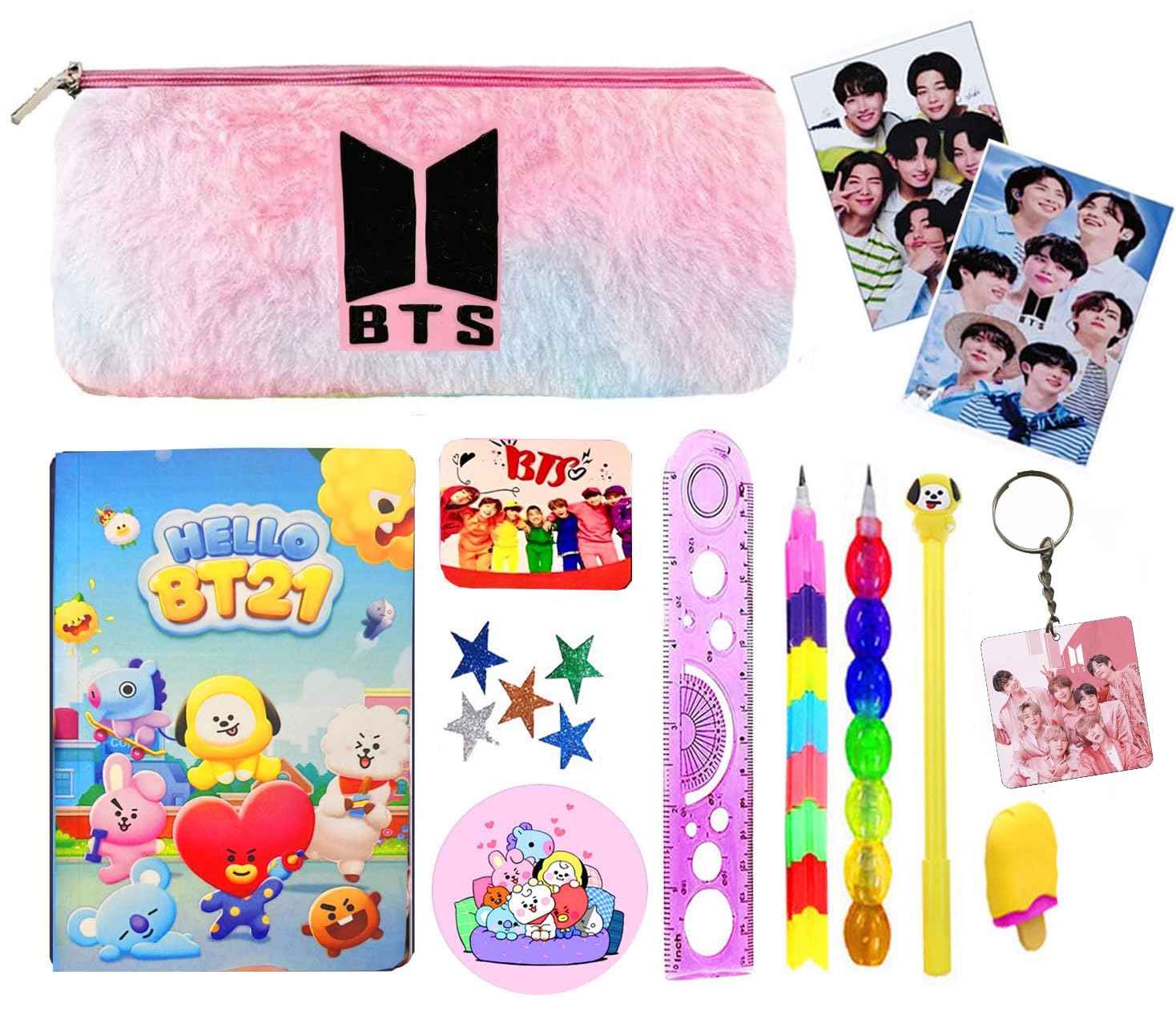 14pcs BTS Stationery Set for Girls, BTS Fur Pouch, Diary All BTS Stationery for Girls, Party Favor Gift Set, Return Gift, Rakshabandhan Gift Set for Girls BTS Stationery (A6 diary, 003)