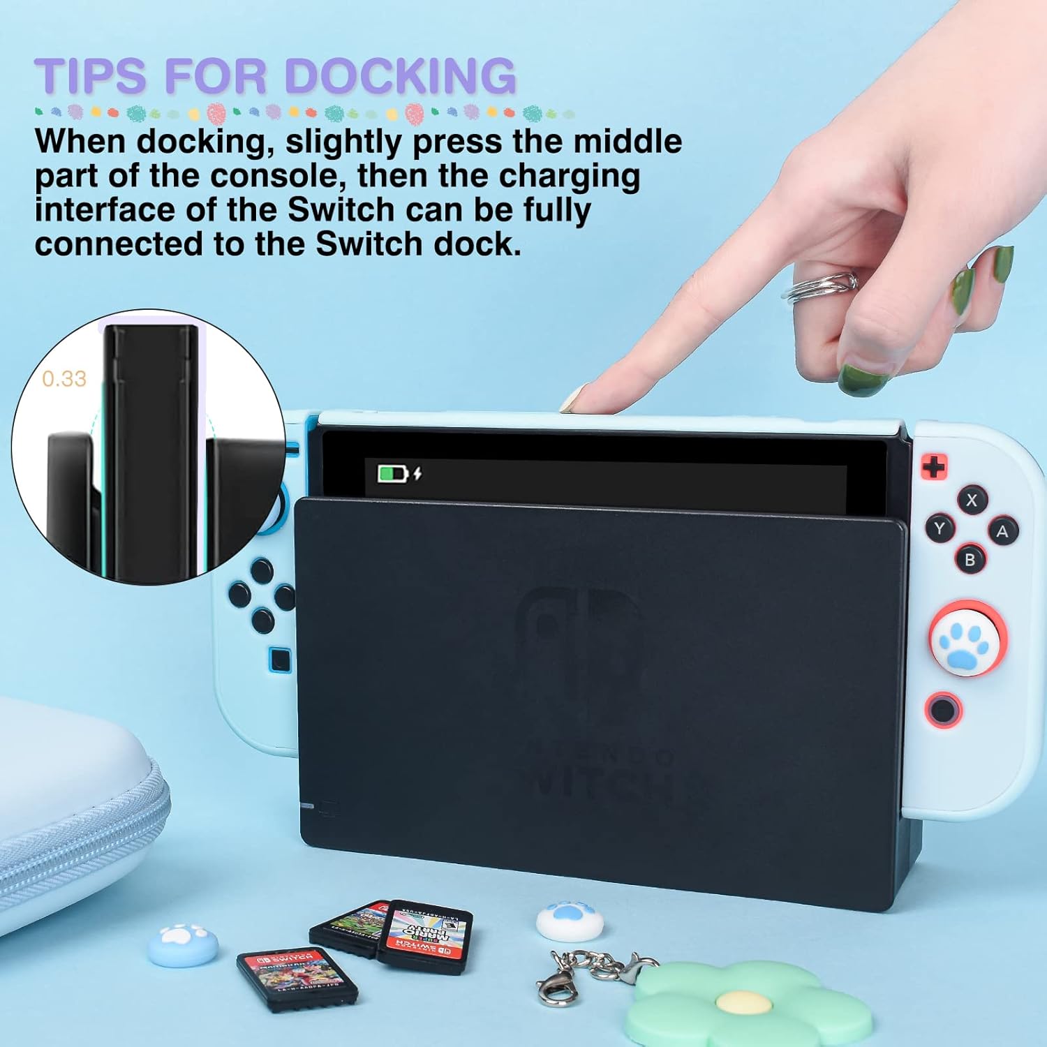 DLseego Blue Switch Case Set Carrying Case with 10 Slots Babyblue Protective Dockable Hard Shell with 4PCS Cute Cat Paw Thumb Grips Caps and 1PC Green Flower Blossom Chain for Switch 2017 Version