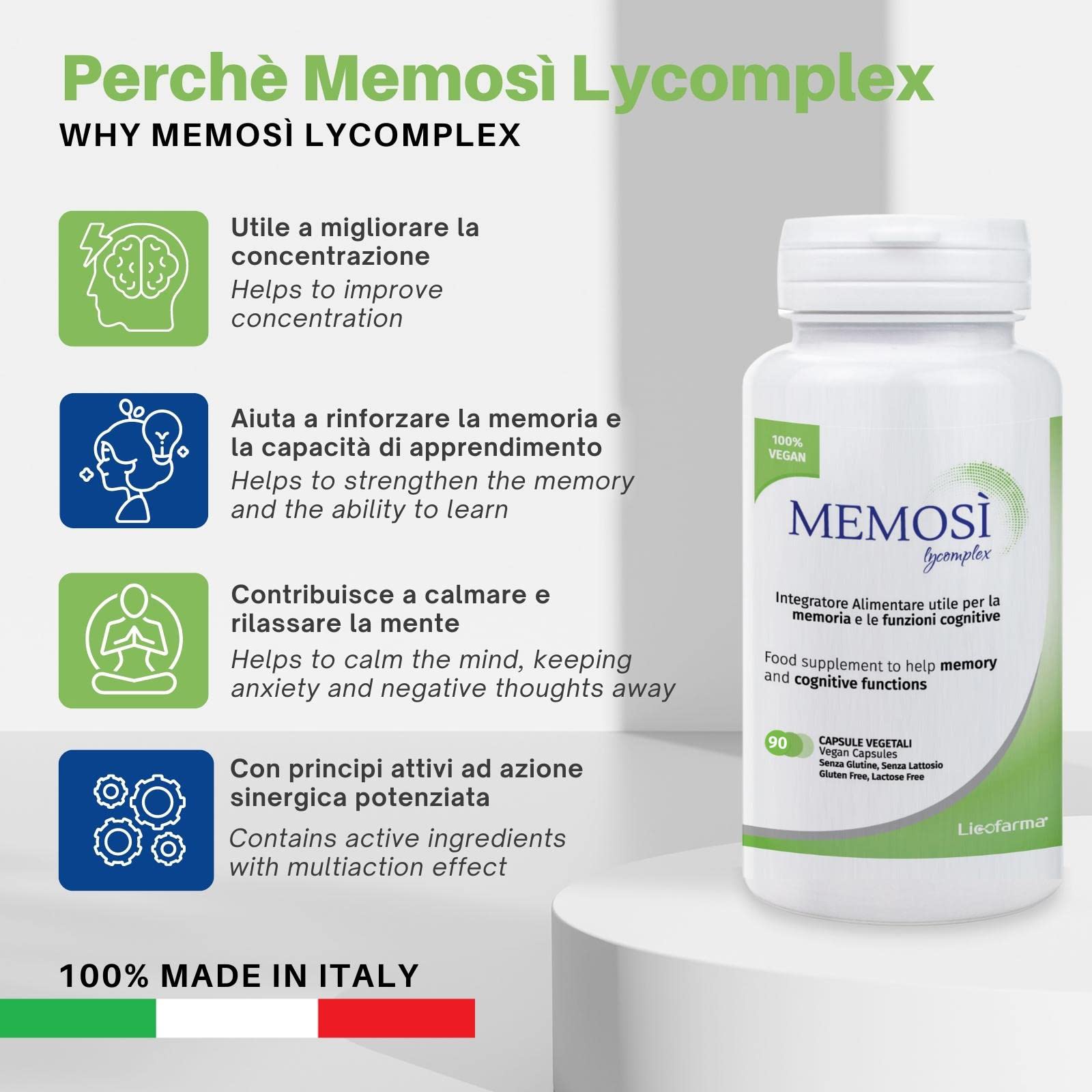 Memosì Lycomplex | Integratore per Sostenere la Memoria e la Funzione Cognitiva | Migliora la Concentrazione | 90 Capsule Vegetali