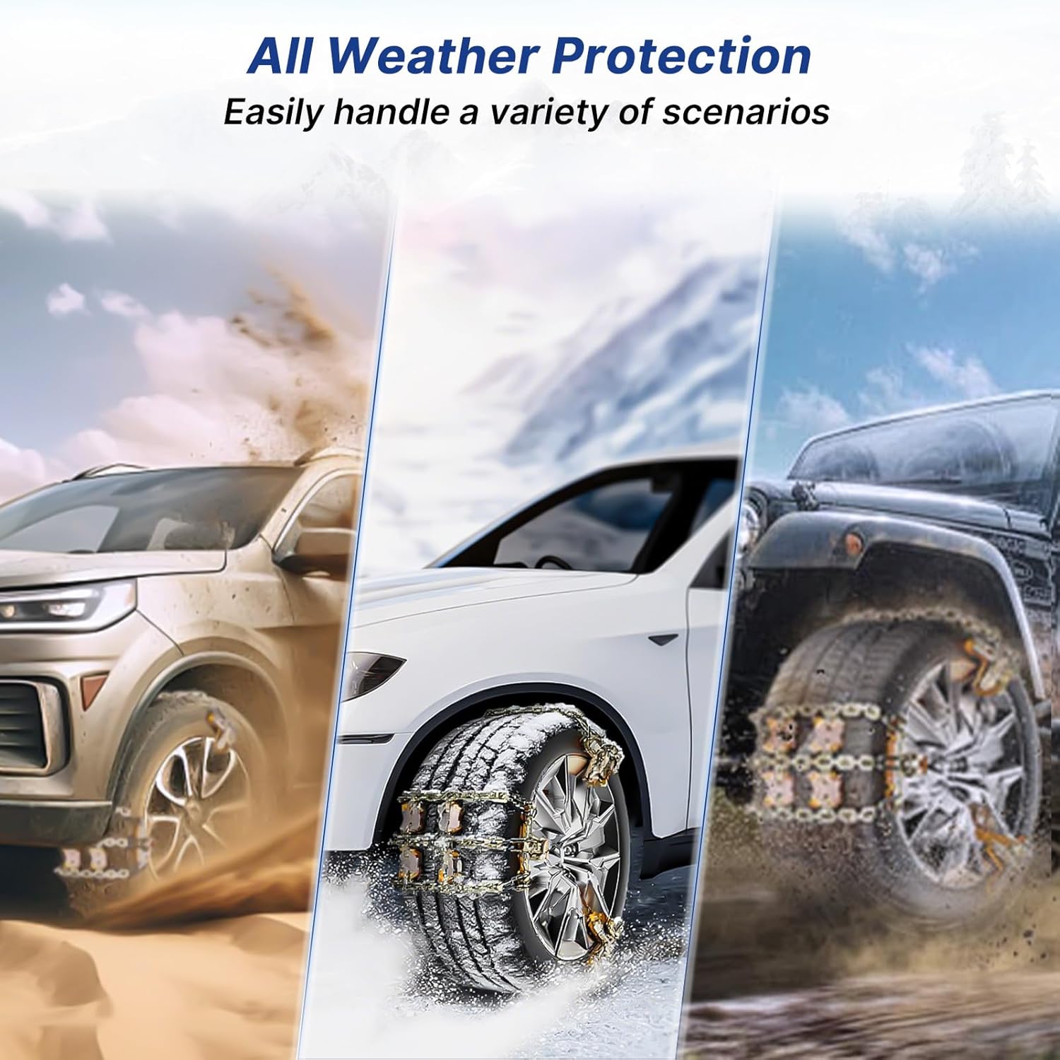 Snow Chains, Emergency Anti-Skid Tire Chains for SUV, Cars, Sedan, Pickup Trucks with Update Adjustable Lock for Ice, Snow, Mud, Sand, Applicable Tire Width 225-305 mm (8.86-12 inch)
