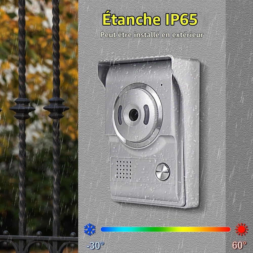 Système Interphone de Sonnette Vidéo Filaire de Couleur de 7 Pouces avec 2 Moniteurs, 90° 700TVL Caméra Sonnette IR Vision Nocturne, Audio Bidirectionnel, Surveillance, Déverrouillage