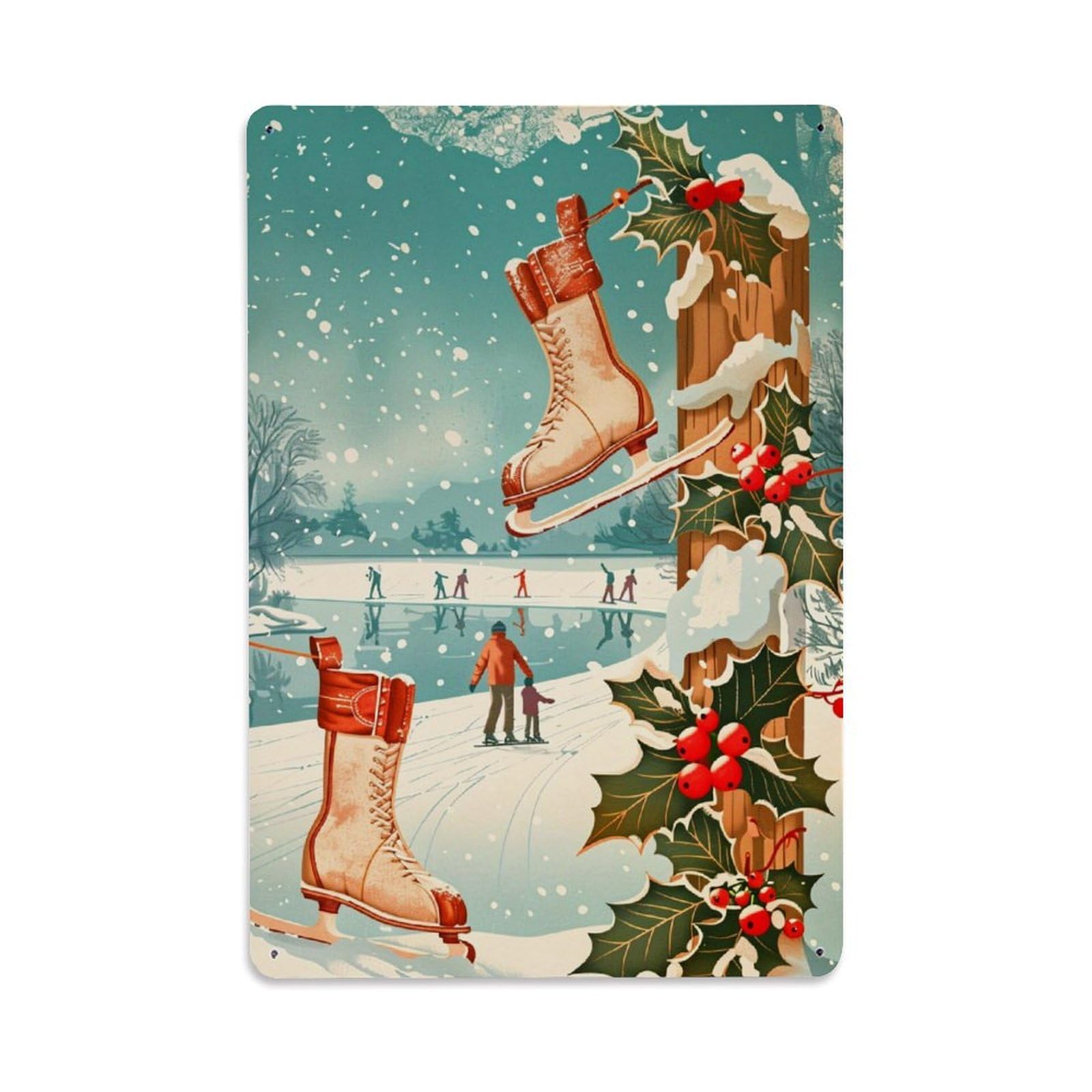 Winter Skating Scene Holiday Decor Tin Sign Metal Poster Vintage Metal Signs for Home Man Cave Bar Cafe Kitchen laundry room Wall Decorations Gift 8x12Inch