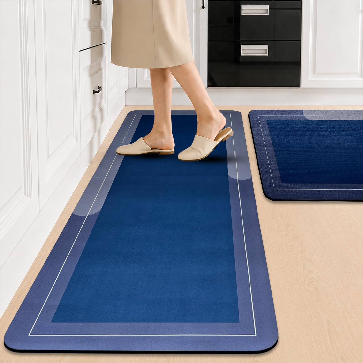 SITTELLA Waterproof Kitchen Mats for Floor Anti Slip, Set of 2, (40x60 CM & 120x40 CM), Solid Blue | Soft Anti Skid Washable Kitchen Floor Mats | Kitchen Runner for Home & Laundry