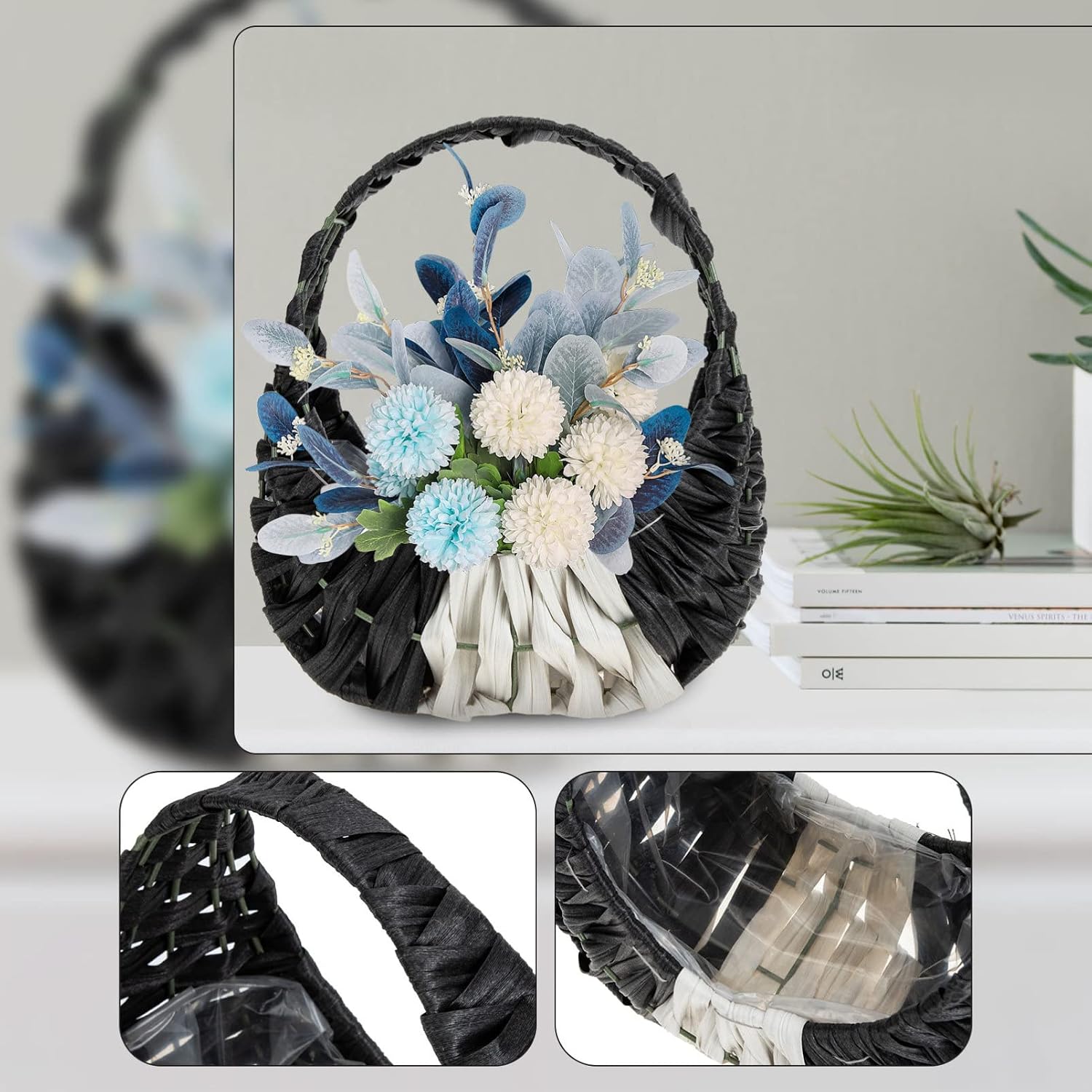LABRIMP Imitation Rattan Flower Basket for Home Decor Handwoven Simulation Rattan Storage Basket for Fresh Flowers Indoor and Outdoor Decorative Use Black