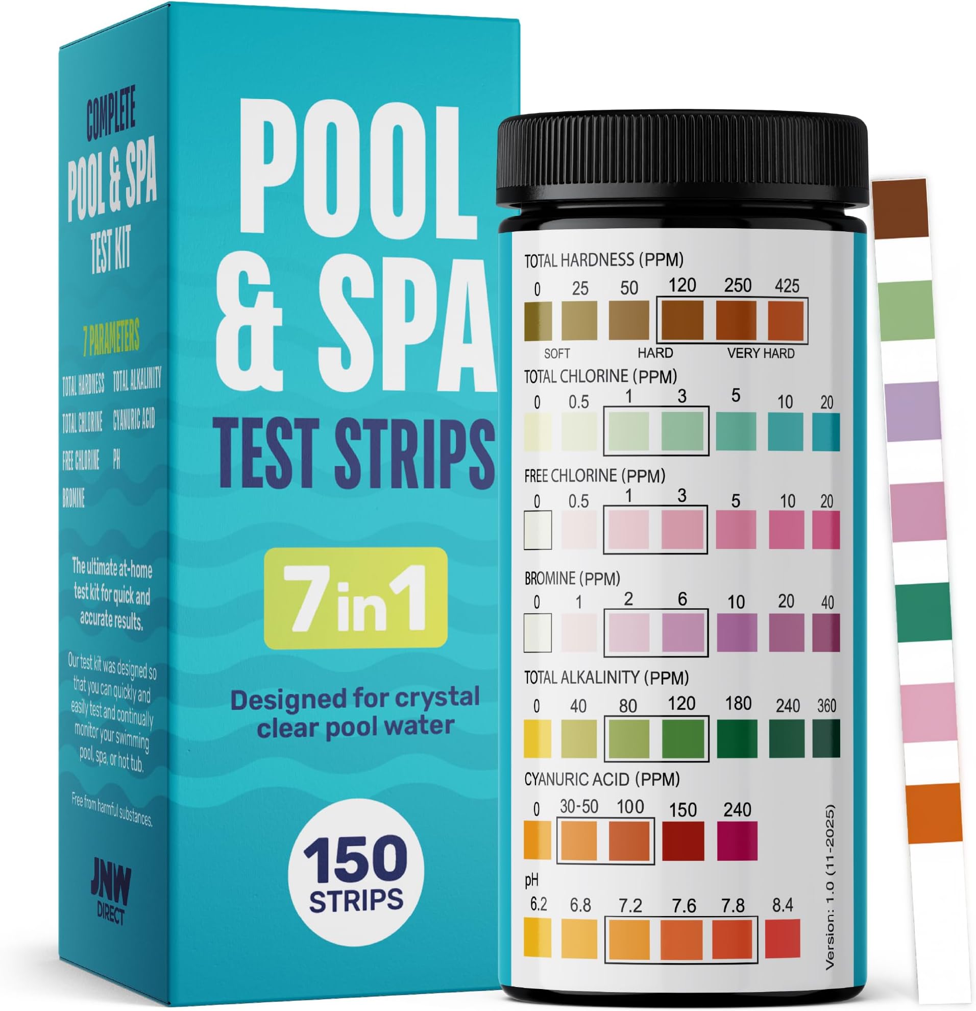 JNW 7-in-1 Pool Test Strips, 150 Quick & Accurate Test Strips for Pool Water, Spa Test Strips for Hot Tub, Chlorine Test Strips, Bromine, pH, Alkalinity, Hardness & More - Swimming Pool Test Kit
