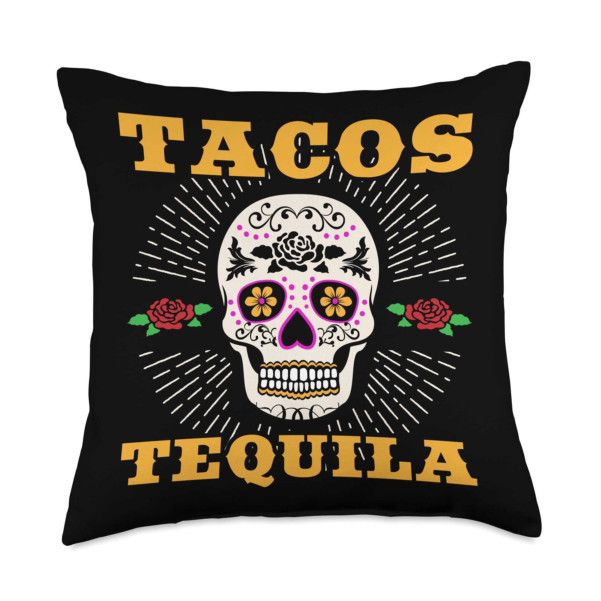Lets grab some tequila and some tacos and celebrat Tacos and Tequila Hilarious die de Los Muertos Design Throw Pillow, 18x18, Multicolor