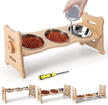Elevated Cat Bowls15 Tilted Stainless Steel Elevated with Bamboo Stand - 3 Pots Raised Cat Bowls for Indoor Cats and Small for Indoor Cats with Anti-Overflow Design Yellow