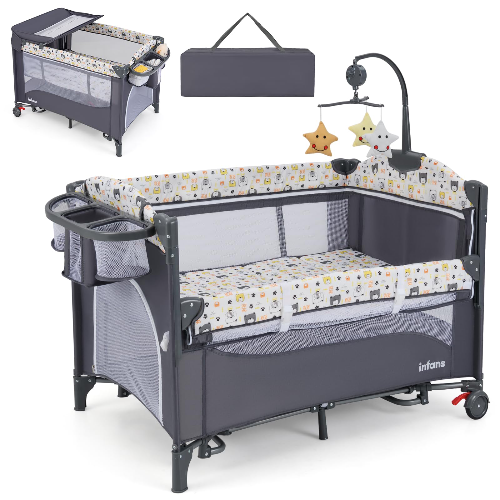 GOPLUS Cuna Lateral a la Cama, con Cambiador, Cojín Suave, Soporte para Juguetes y Espacio de Almacenamiento, Ajustable en Altura, Parque para Bebé de 0-9 Meses con 2 Ruedas y Bolsa (Gris)