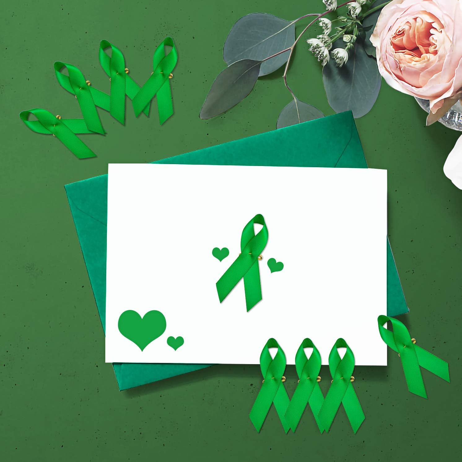 WANDIC 100pcs Green Ribbon Satin Pins and 500 Pcs Green Ribbon Awareness Stickers Liver Cancer Environment Issue Mental Health Awareness