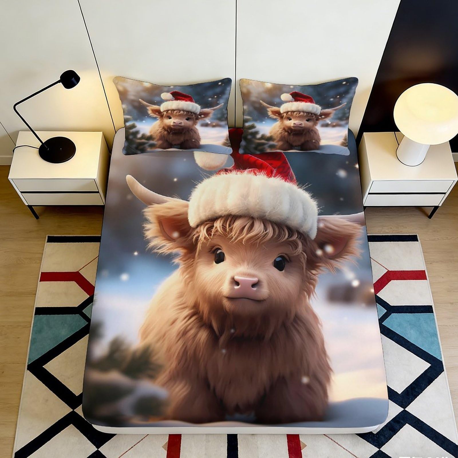 3D Printed Highland Cow Fitted Sheet, Microfiber Soft Touch, Bed Cover for Main Bedroom, Wrinkle Resistant, Apartment Bedding Decor 110 90x200x25cm