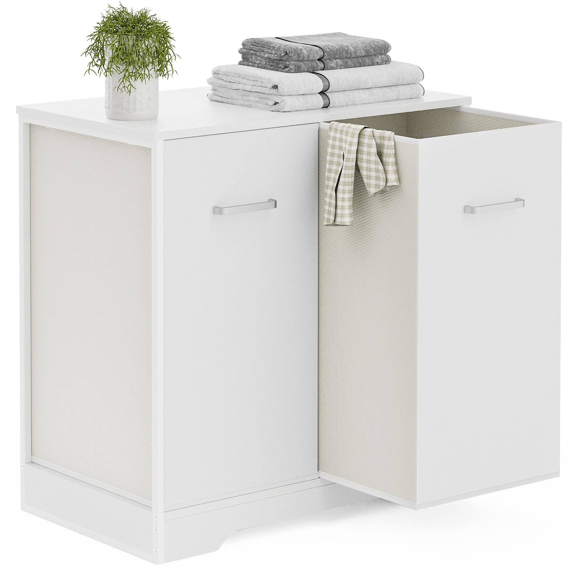 Double Pull-Out Laundry Hamper Cabinet; 90L Laundry Basket for Bathroom,Laundry Room; Laundry Sorter with 2 Pull-Out and Removable Bags