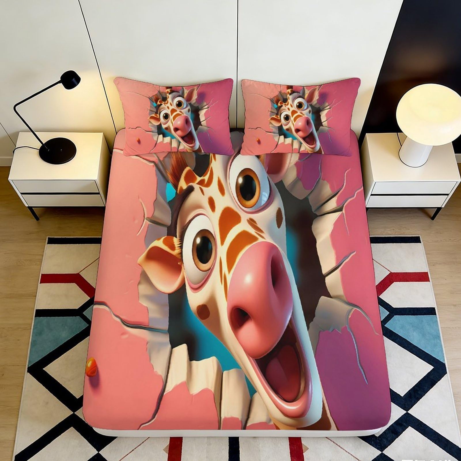 3D Printed Cartoon Giraffe Fitted Sheet Microfiber Durable Soft Pink Animal Bed Cover for Bedroom Dormitory Guest Room Mattress Protection 200x200x25cm