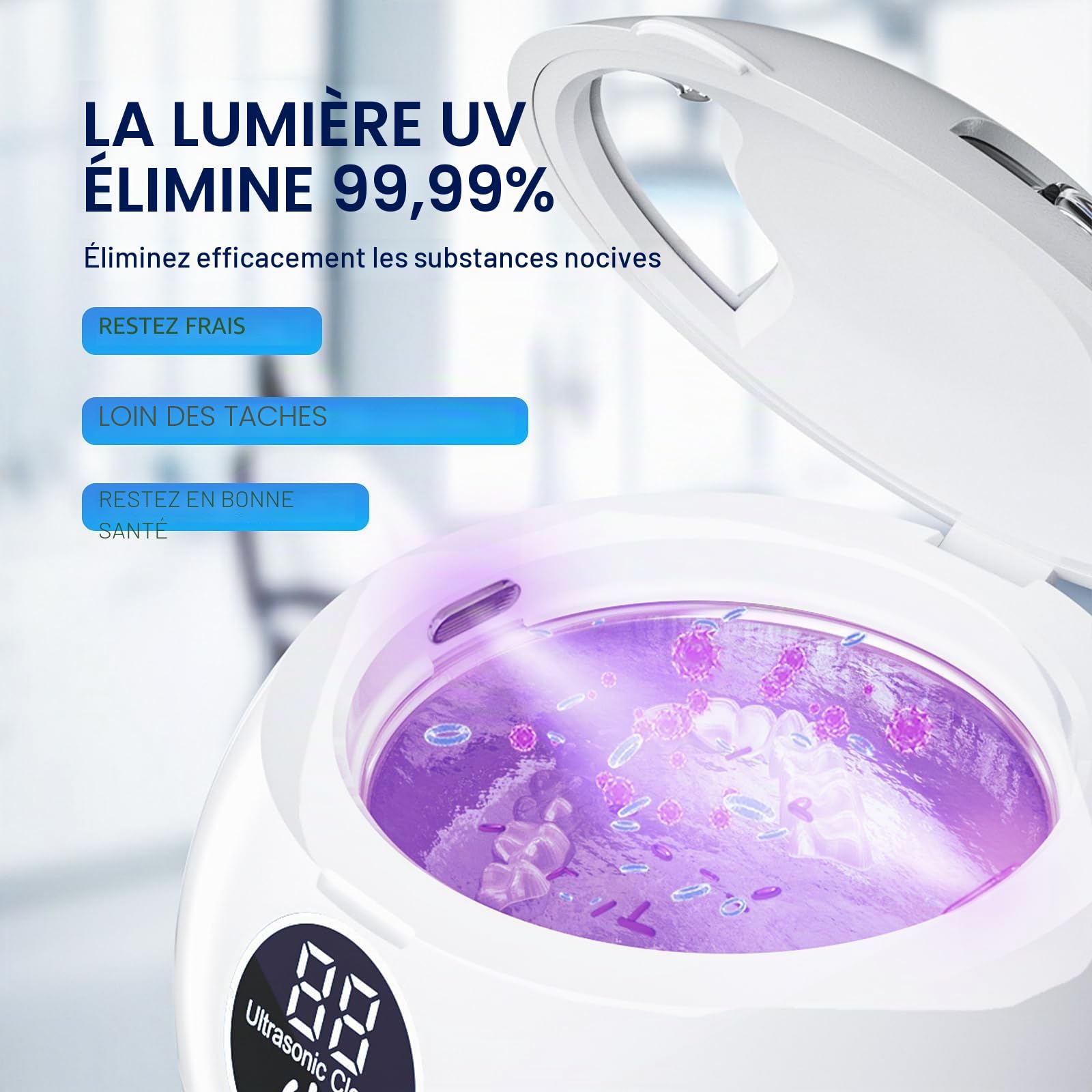 Nettoyeur de retenue dentaire à ultrasons 42 kHz avec 3 modes et minuteur numérique pour le nettoyage des prothèses, garde de nuit, alignement, appareils dentaires, brosse à dents, bijoux
