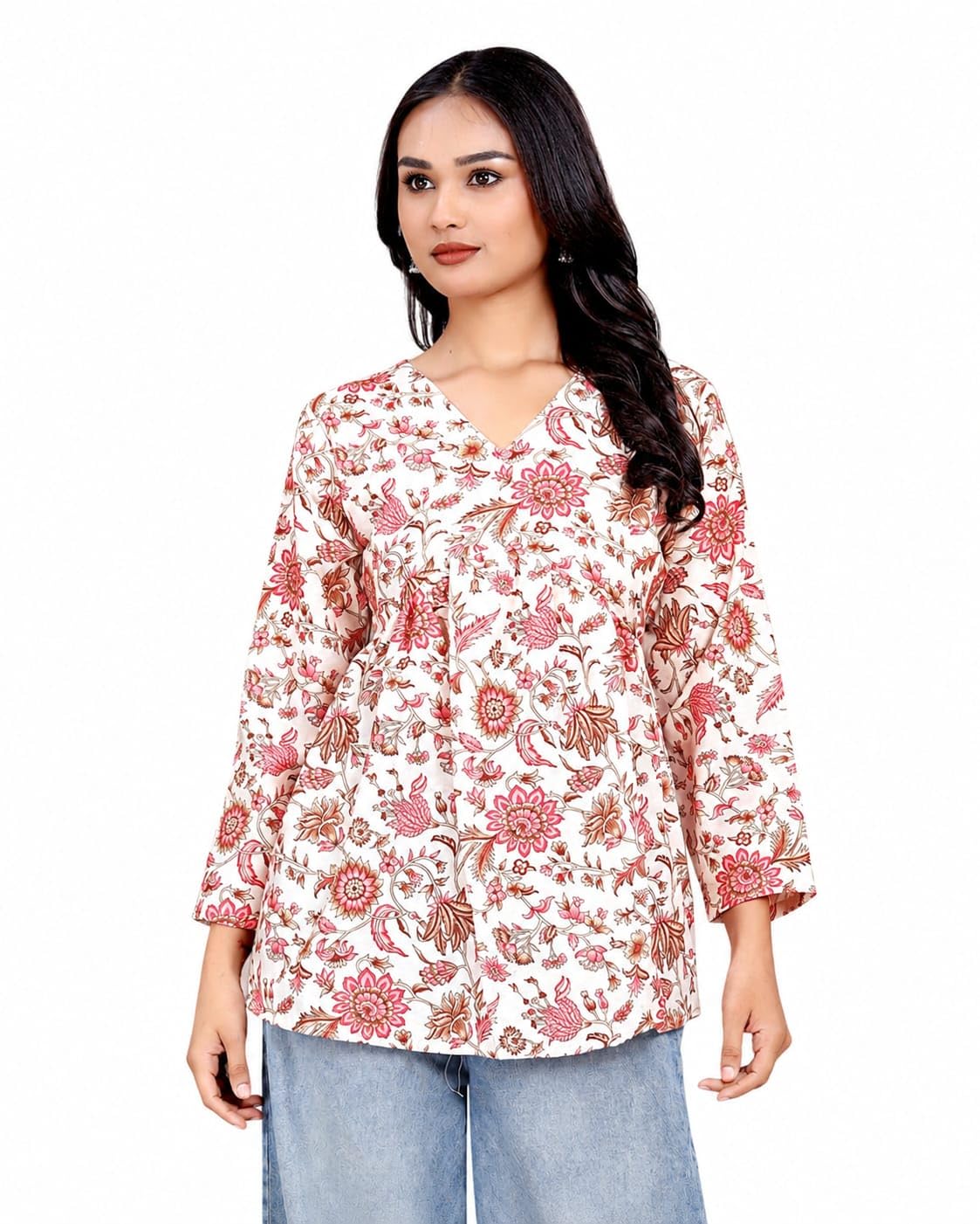 Stylish Women's Rayon Floral Print Tunic Top V Neck Three Quarter Sleeves Regular Fit XL Casual Elegant Everyday Wear-image-41