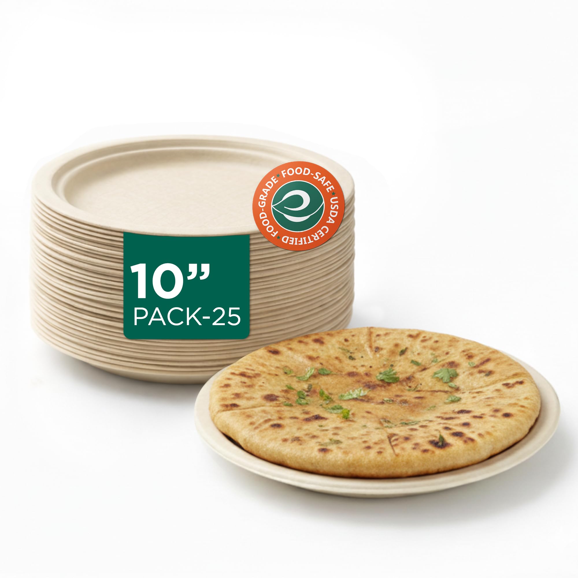 ECO SOUL | Disposable Bagasse Plates | 10 inch - Pack of 25 | Eco-Friendly Disposable Plates Big Size for Weddings & Parties | Non-Toxic, Microwave Safe, Leak-Resistant