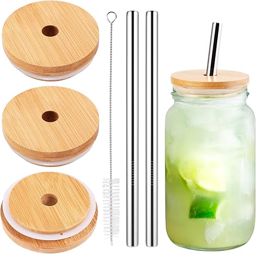 Paquete de 3 tapas de bambú de boca regular con agujero para popote y popote compatible con tarro Mason, tapas de madera para tarros de boca regular
