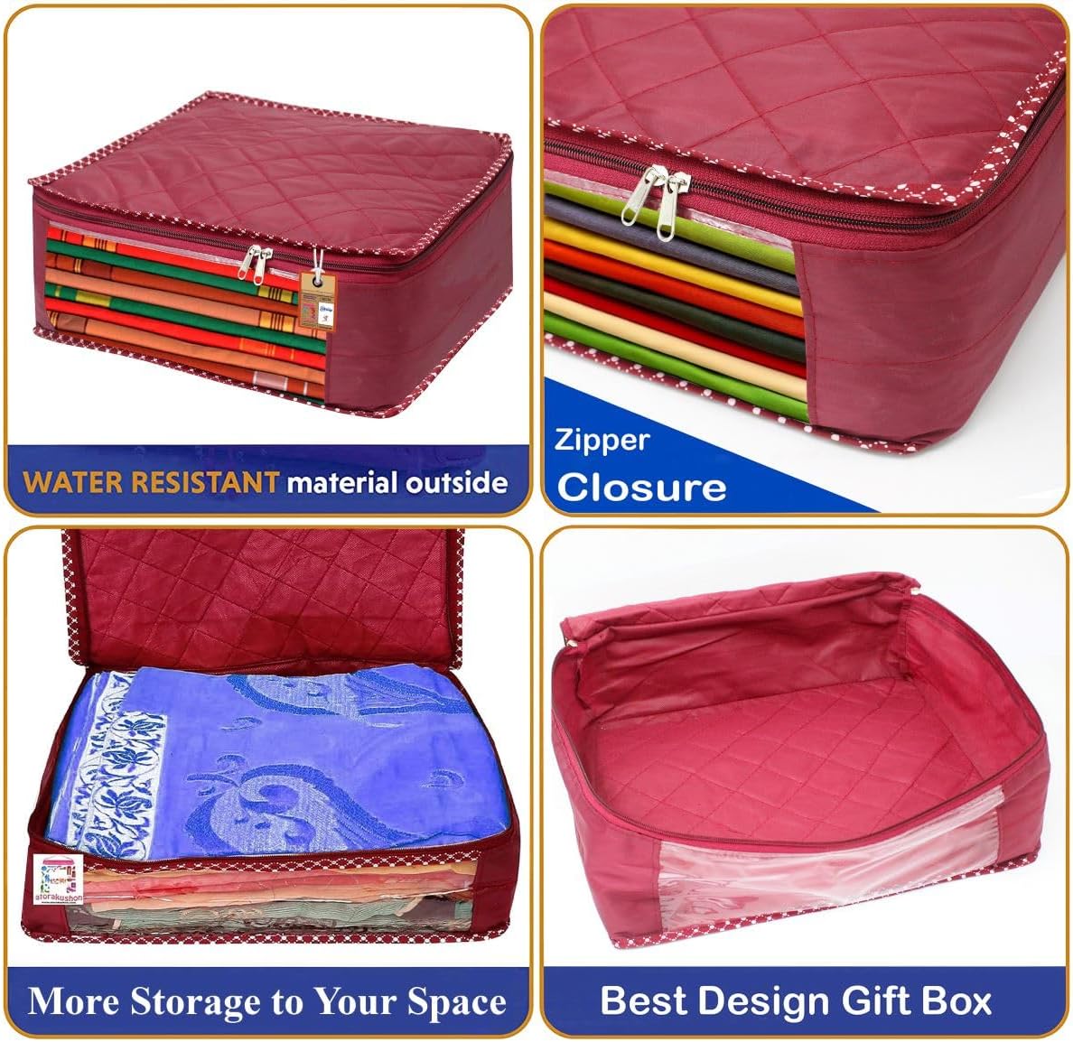 atorakushon Fabric Foldable Saree Covers Garments Clothes Storage Bag Wardrobe Organizers With Double Zip Lock For Lehenga Suit Dress Accessories 4 Pieces Maroon