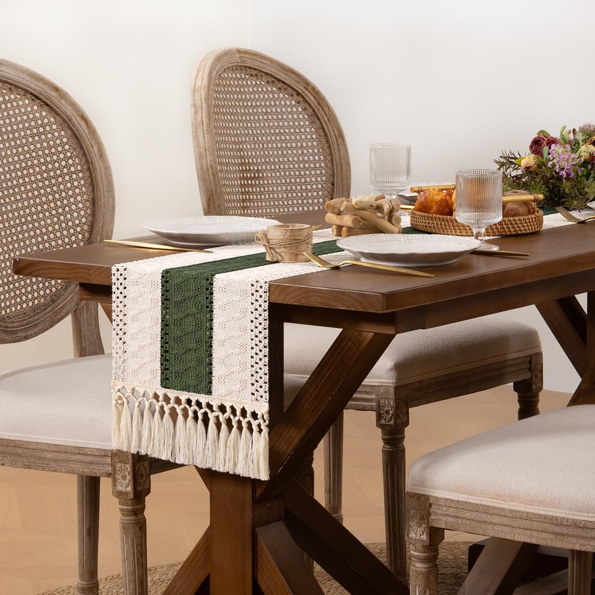 DeZerlor Boho Macrame Table Runner Spring Easter Farmhouse Woven Table Runner with Tassels 60 Inches Ivory& Olive Green Cotton Linen Kitchen Table Decor for Dining Dresser Home Tea Table Decor