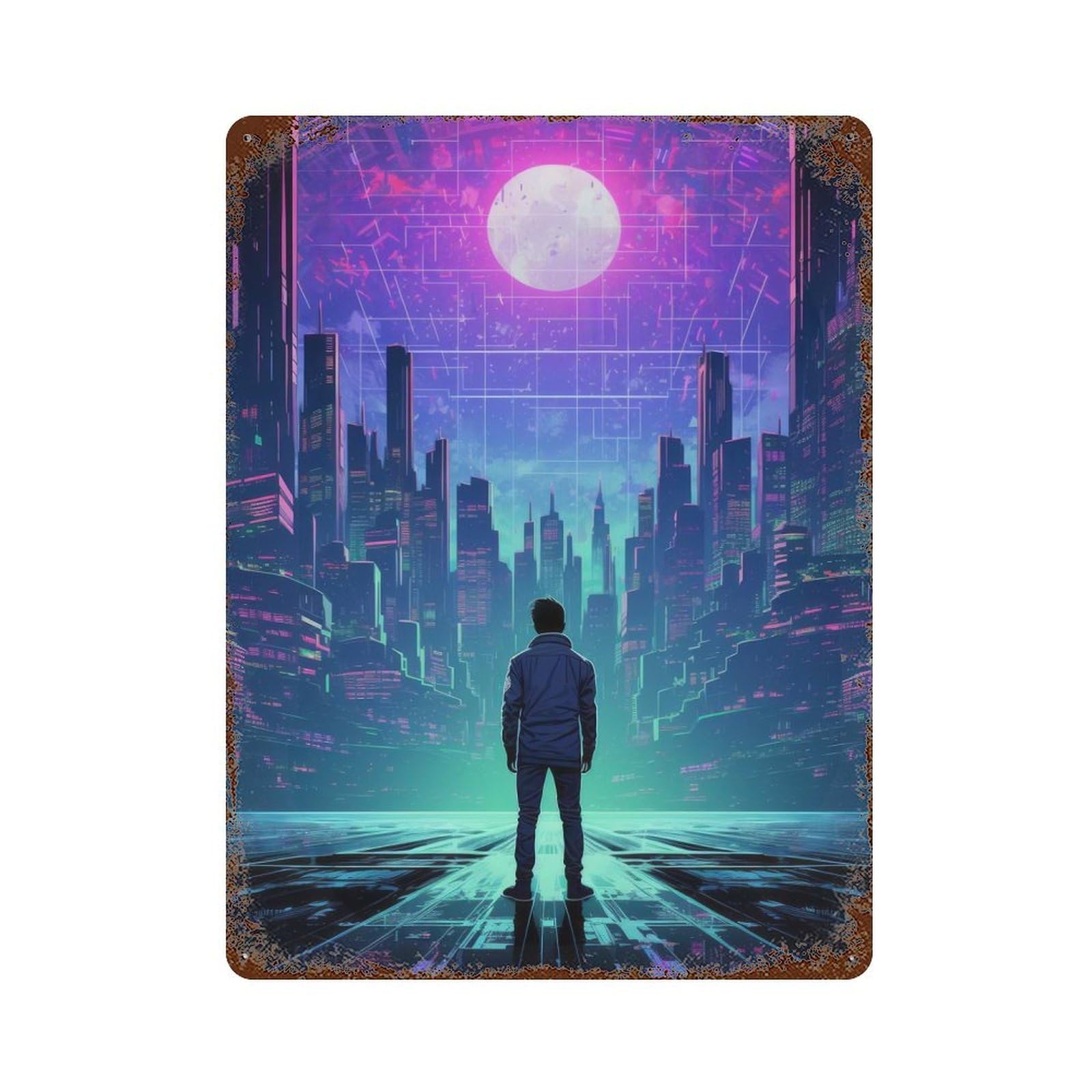 Futuristic Cityscape Rust Effect Tin Sign 15.7"x11.8", Ideal for Farmhouse, Kitchen And Entryway Decor