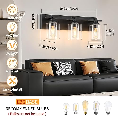 Miniatura 61 de 3 lámparas modernas de baño sobre el espejo, luces de tocador de oro negro para apliques de pared de baño con pantallas de vidrio blanco lechoso