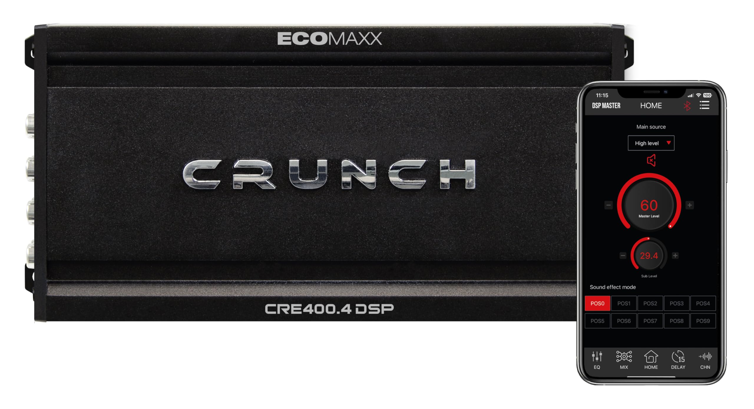CRUNCH CRE400.4DSP - 4 Kanal CLASS A/B Auto Verstärker - 4 x 50W - und integriertem 6 Kanal 32 Bit DSP - integriertem Bluetooth für Audio Steaming und APP Steuerung | ECOMAXX Serie