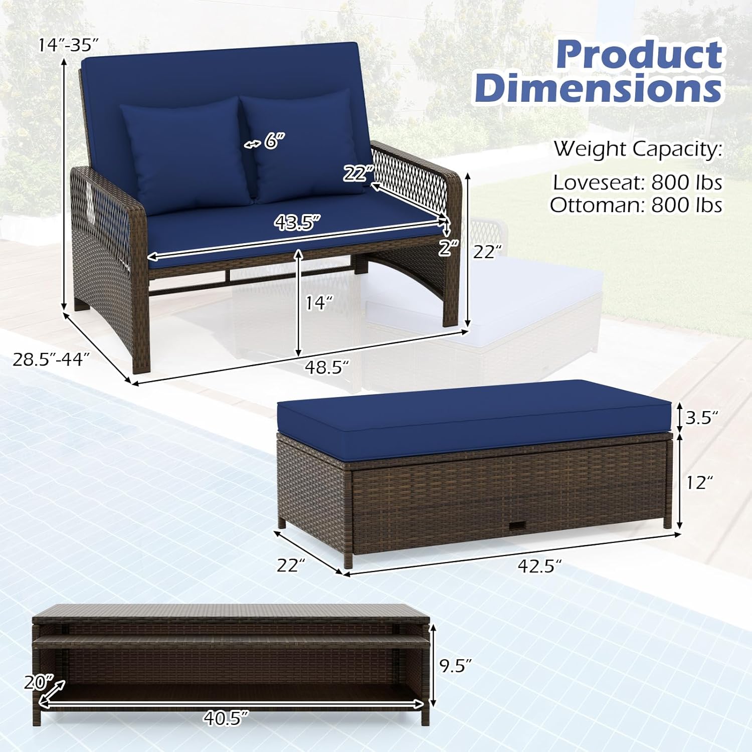 Tangkula Patio Rattan Daybed with 4-Level Adjustable Backrest, 2-Person Outdoor Wicker Loveseat with Storage Ottoman & Soft Cushions, Double Sunbed Lounger for Backyard, Porch, Poolside (Navy)
