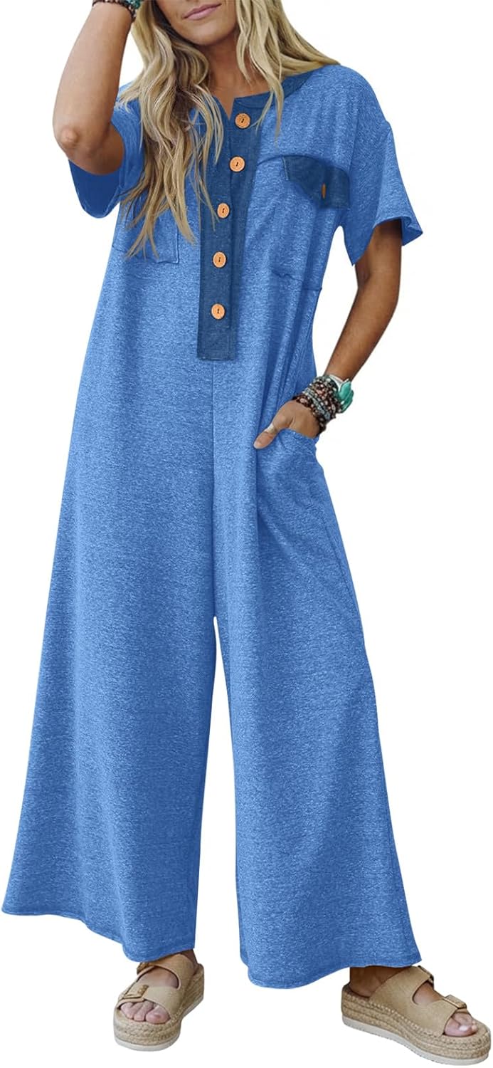 Fisoew Womens Casual Loose Jumpsuits Short Sleeve V-Neck Button Down One Piece Outfits Wide Leg Summer Long Pant Rompers