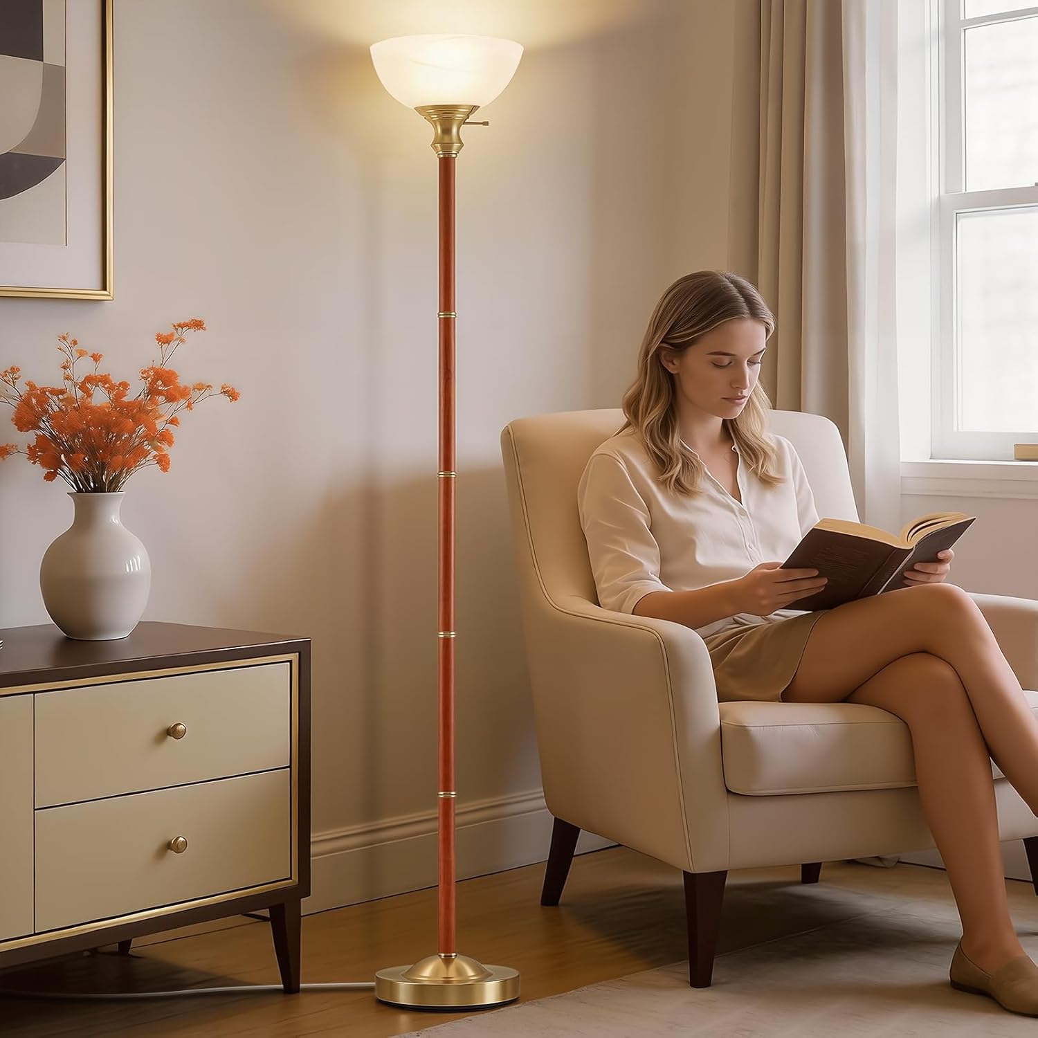 Wood Floor Lamp for Living Room - Gold Standing Lamp with Glass Shade Torchiere Floor Lamps for Bedroom - Mid Century Modern Corner Tall Lamps for Home Office Nursery Industrial Reading Light