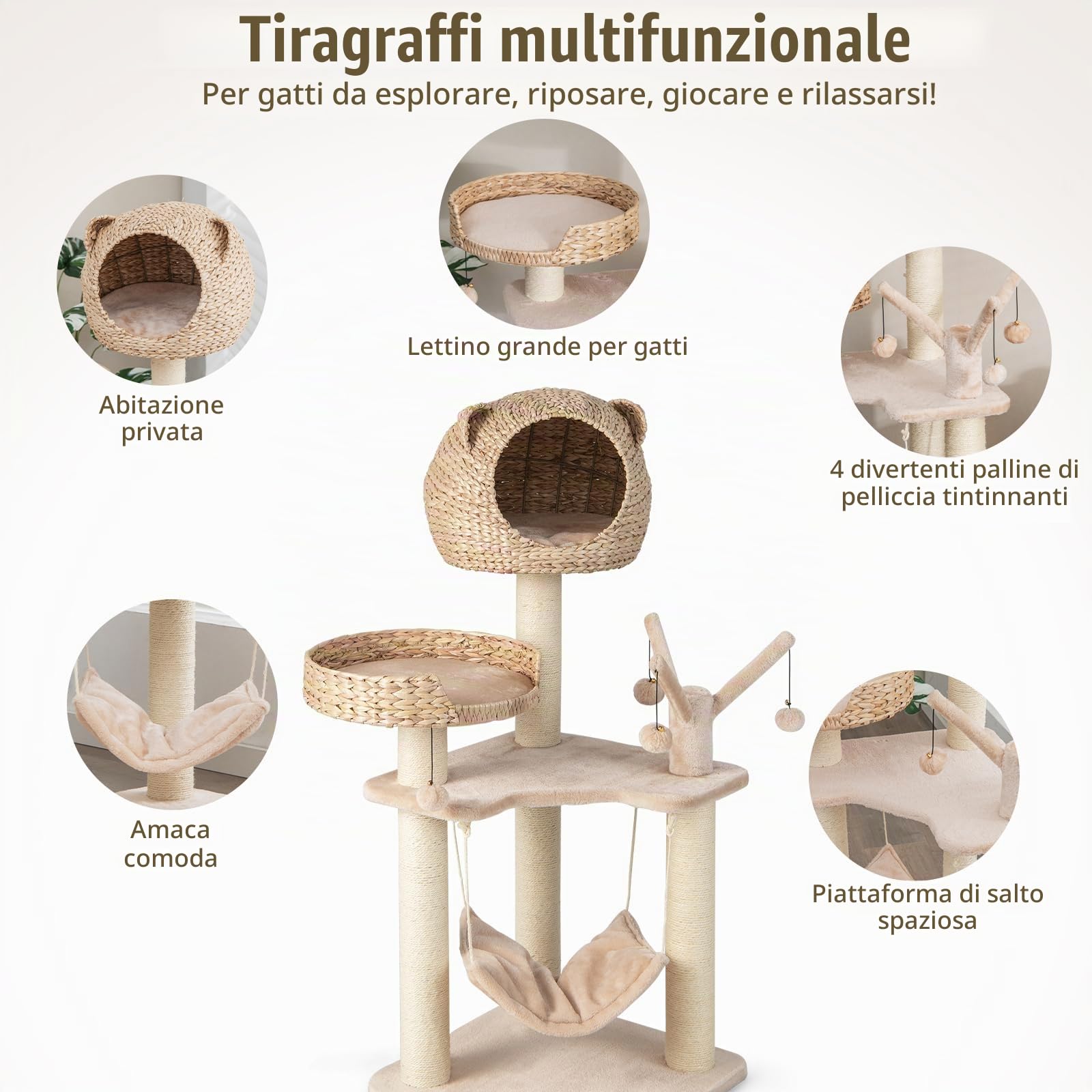 SOARS Tiragraffi per Gatti con Cuccia in Rattan Alto 121 cm