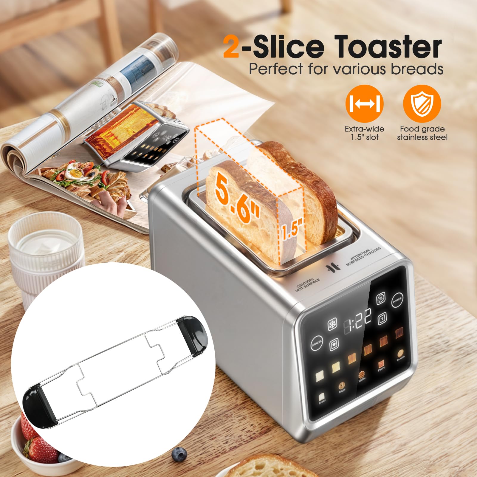 Estante de calentamiento para tostadora, adaptado a la tostadora de pantalla táctil para 5 tipos de pan/6 ajustes de sombra/tostado de ranura única/función de memoria/descongelación/recalentamiento 4