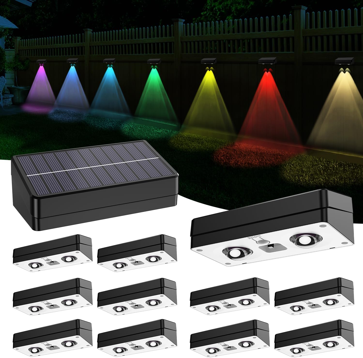 Solar Fence Lights 12 Pack, RGB Fence Solar Lights Outdoor Waterproof Led, 12 Modes Color Changing Outside Lightings Decor for Wall Railing Patio Deck Backyard Garden Pool