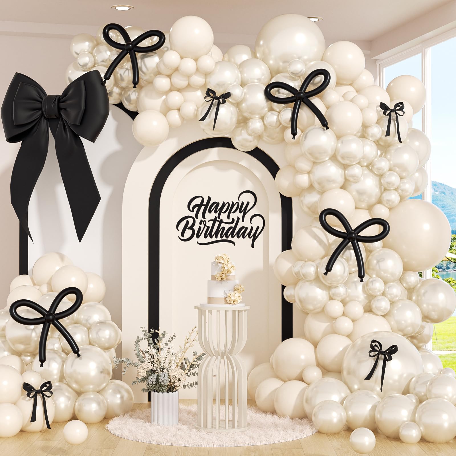 Bow Pearl White Balloon Arch Kit with White Pearl Balloons for Engagement Bridal Shower Wedding Black Bow Birthday Party Decorations