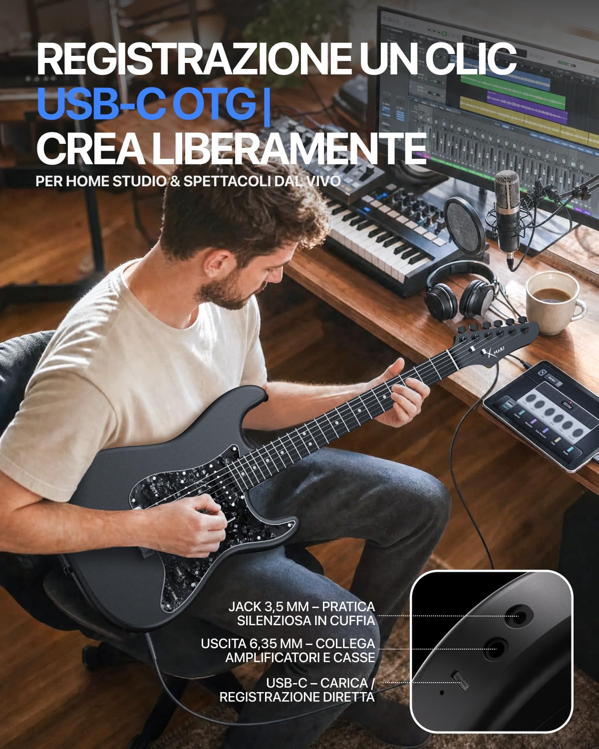 Enya XMARI - Chitarra elettrica intelligente con effetti DSP integrati, 4 preset, registrazione USB-C OTG, uscita cuffie, pickup in Alnico con bobina split, corpo in fibra di carbonio, amplificatore