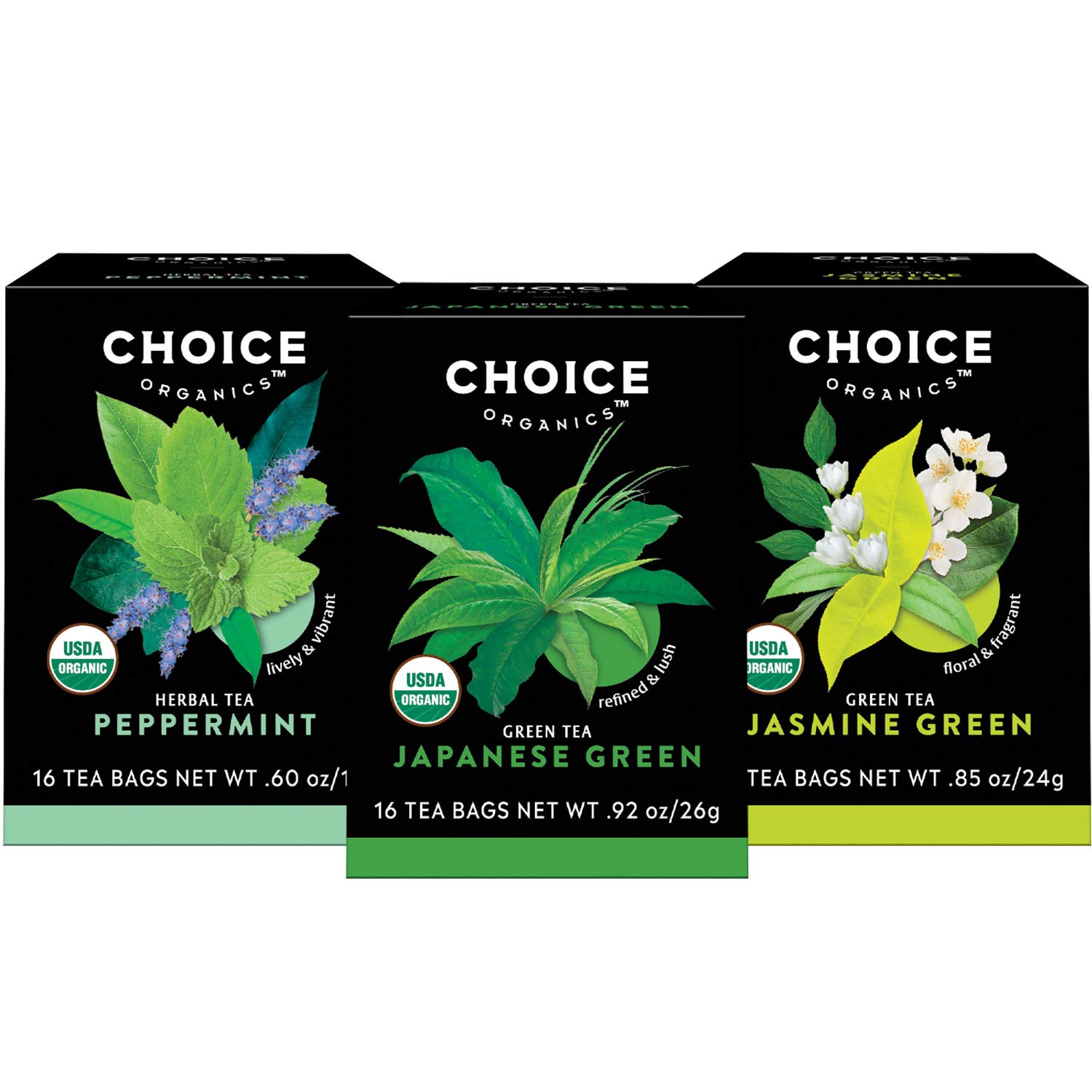 Choice Organic Teas Green Tea and Herbal Tea Variety Pack Sampler - Includes Japanese Green, Jasmine Green, White Elderflower - Compostable - 48 Organic Tea Bags (Pack of 3)USDA Organic