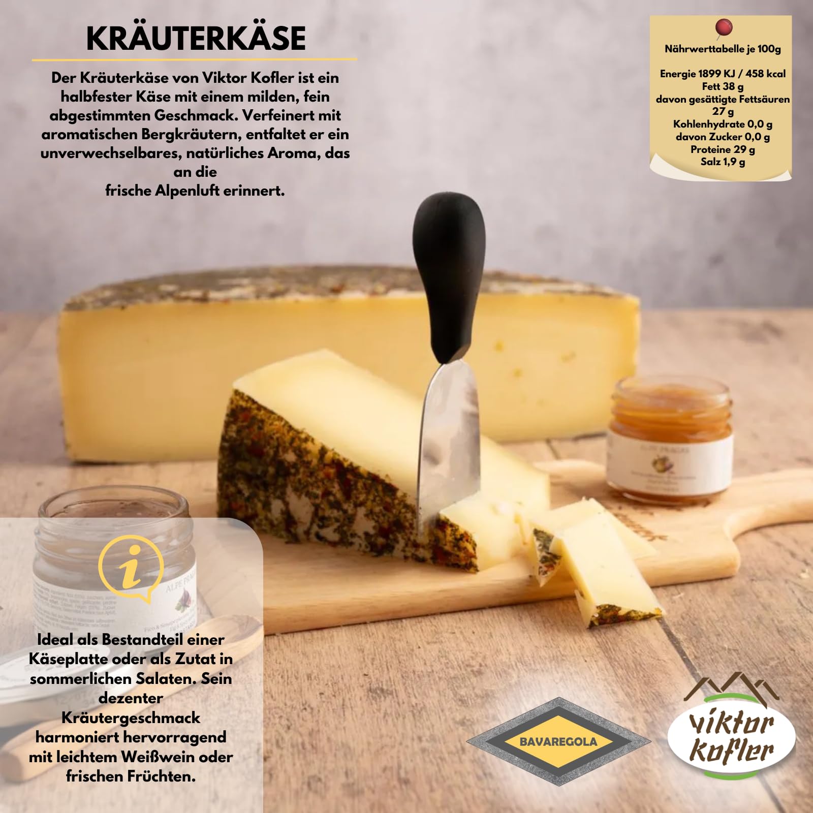 BAVAREGOLA Südtiroler Käse Geschenkekiste - Präsentkorb mit 5 Käsevariationen, Feigensenf & Schüttelbrot