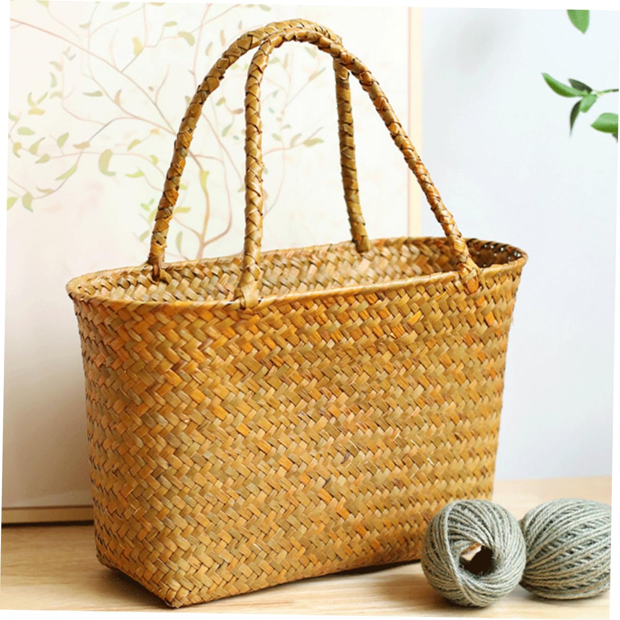 Hohopeti Cesta Pequeña con Asa de Paja Natural para Almacenamiento y Decoración, Diseño Delicado, Ligera, Adecuada para IR la Playa o Decorar Tu Salón