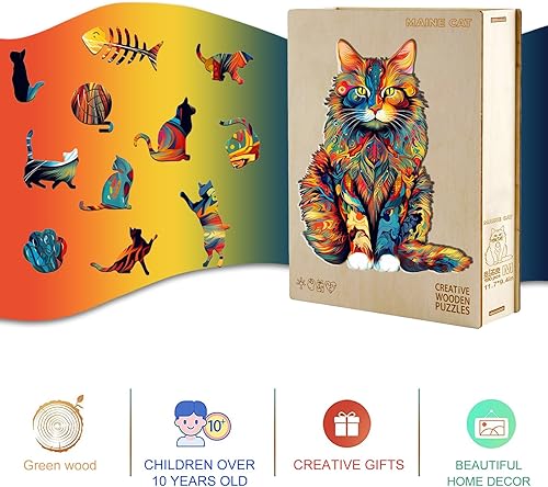 Miniatura 6 de KAAYEE Rompecabezas de madera para adultos, rompecabezas de madera con forma única avanzada de madera Maine Coon para adultos, rompecabezas