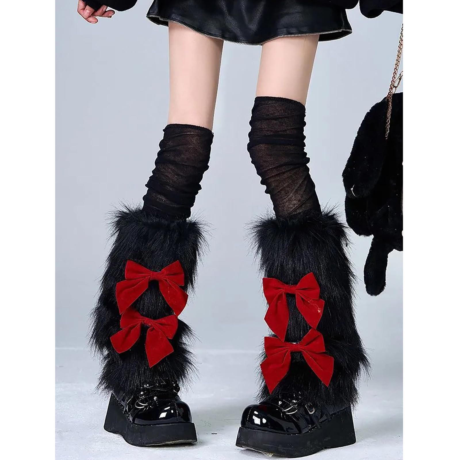 Calentadores de piernas de felpa peludos para mujer, trajes de invierno, lindos lazos, estrellas, fundas para botas mullidas, para fiesta de Navidad, calcetines, fundas de botas de felpa