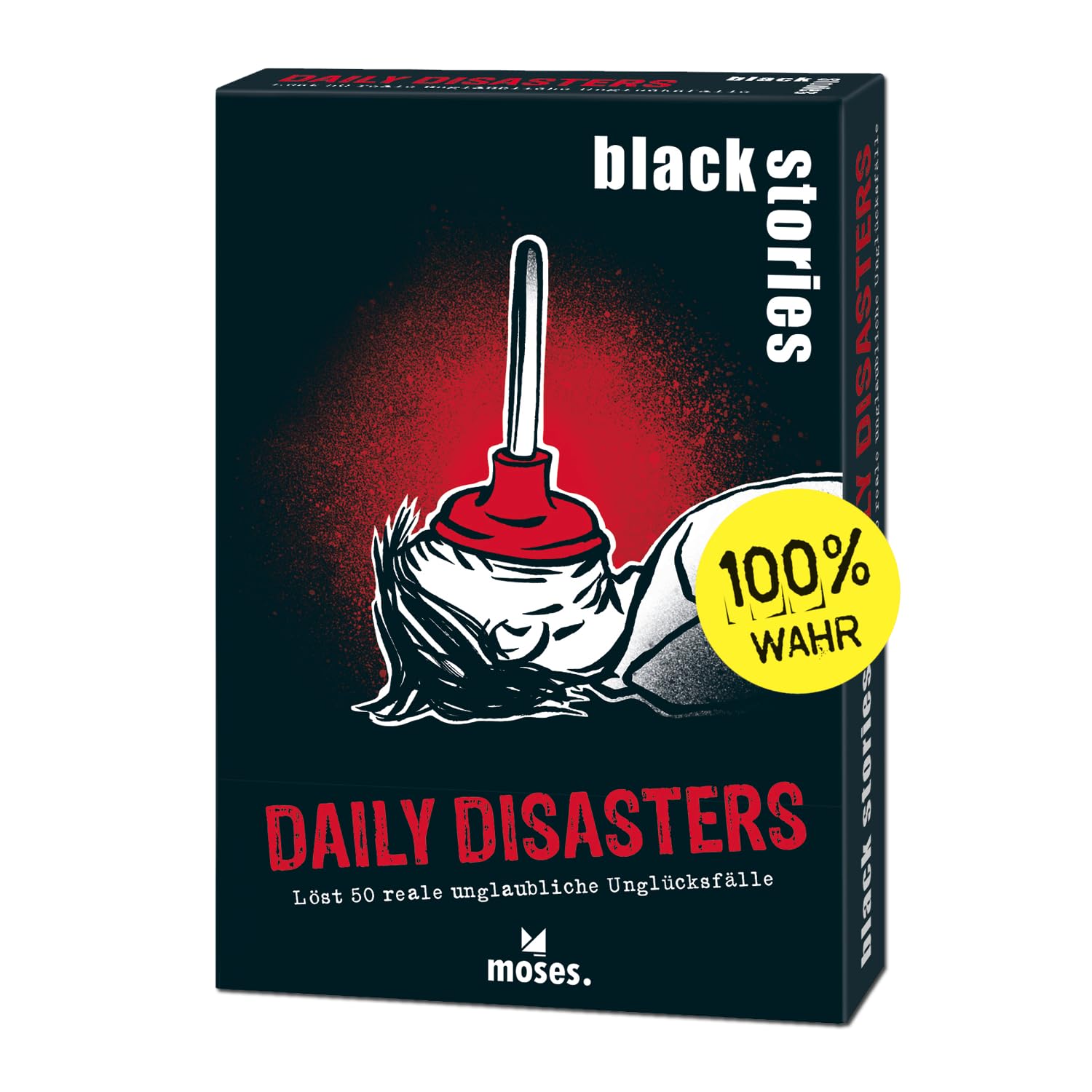 Moses. Black Stories Daily Disasters - 50 Rätsel rund um Reale Unglücksfälle, Krimi Kartenspiel mit Spielvariante und Punktechips, Rätselspiel für Jugendliche und Erwachsene