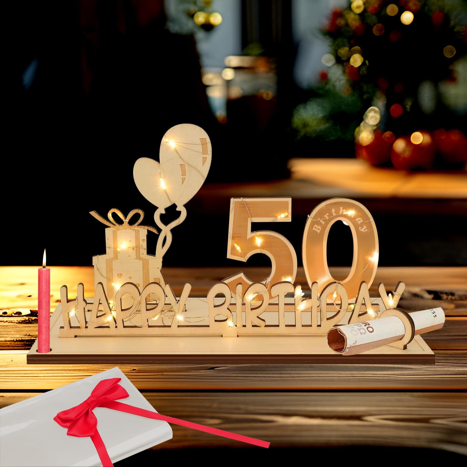 Giftota Regalo Divertente 50° Compleanno: Cartello Stradale In Legno Con Luci LED, Da Decorare Con Soldi - 3