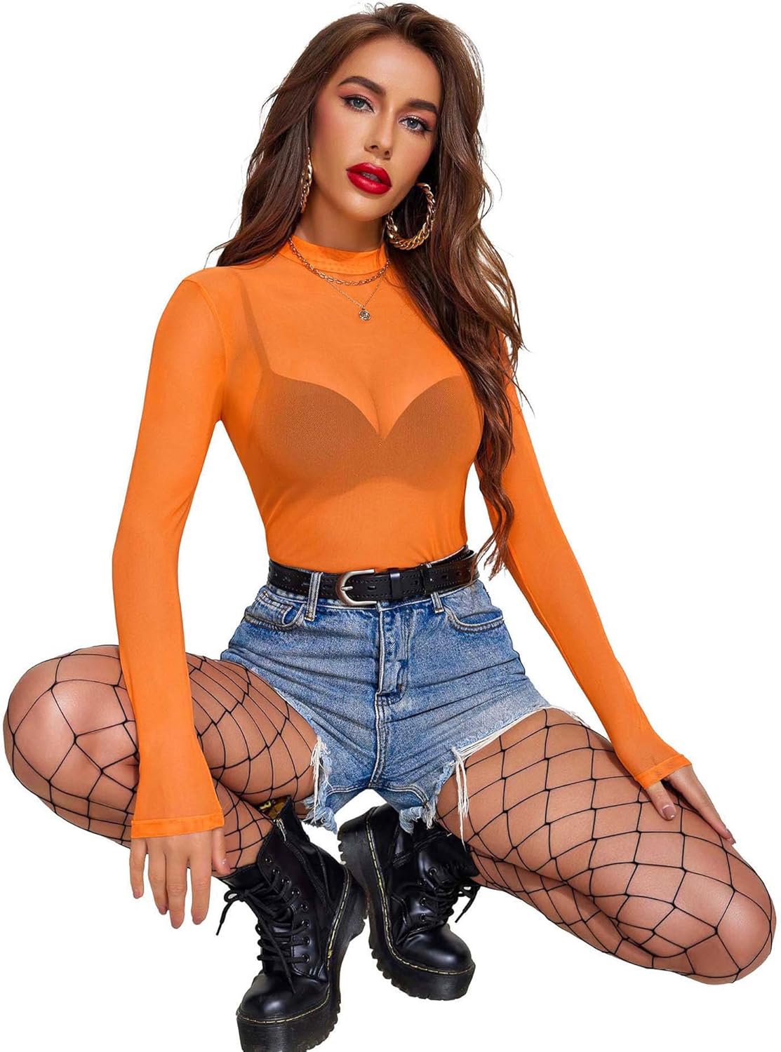 Avidlove Mesh Top for Women Long Sleeve See Through Shirt Mock Neck Sheer Blouse Clubwear Party XS-XXL - Image 7