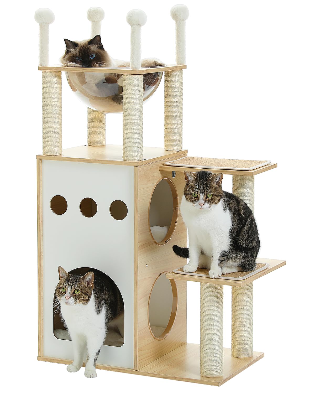 PAWZ Road Modern Cat Tree, 108cm Wooden Cat Tower with 2-Floor Condo, Cat Furniture with Cat Scratching Posts, Capsule Nest, and Dangling Balls, Inspired by Sky City for Indoor Cats, Beige