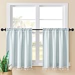 Home Queen Boho Kitchen Curtains 36 Inch Length Striped Linen Cafe Curtains Short Curtains with Tassel for Small Bathroom Window Farmhouse Light Filtering Rod Pocket Tier Curtains Set of 2, Blue Gray