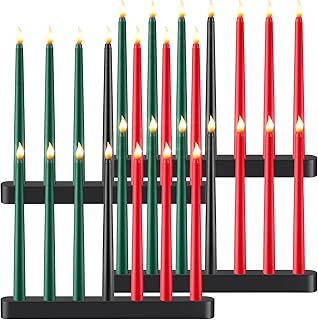 Retisee 28 Pieces Kwanzaa Candle Kwanzaa Kinara Set Flameless LED Battery Operated Candles Red Black Green Taper Candles with 4 Pieces Candle Holder Black Candlestick for Kwanzaa Party Decor
