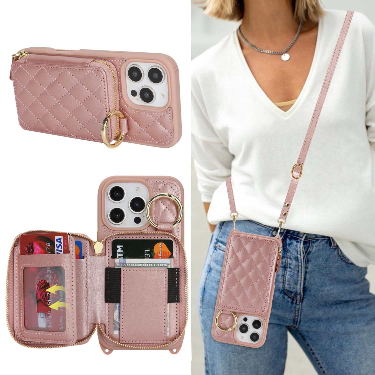 Crossbody Wallet Case for iPhone 16 Pro-Rose Gold